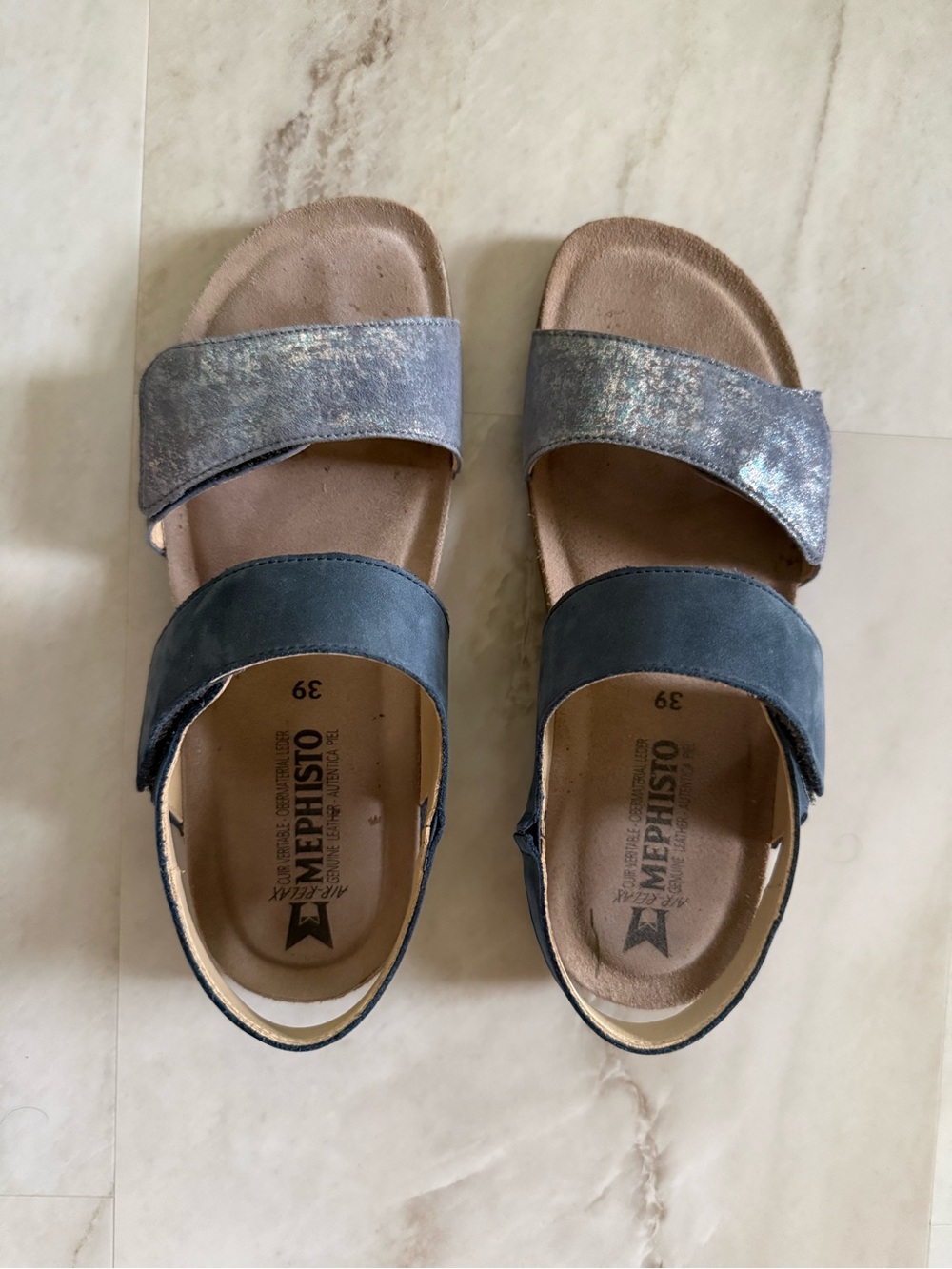 Mephisto Agave Iridescent Silver and Navy Hook-and-Loop Sandals Sz 39 (8-8.5)